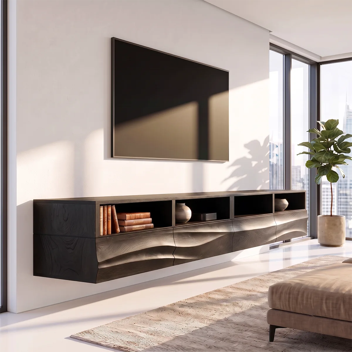 Modern Floating TV Stand with Flowing Wave Front and Open Display Shelves HG021-3RHL3JI