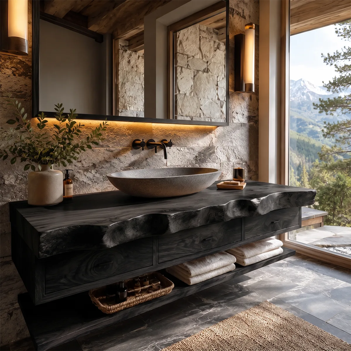 Floating Bathroom Vanity with 3 Drawers & Lower Shelf | Organic Edge Modern Vanity TT006-3IEZ4XF