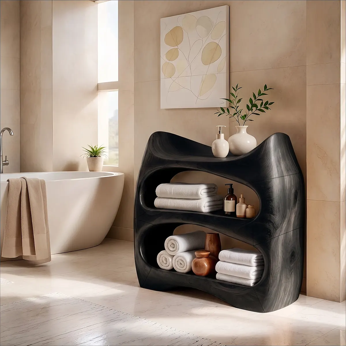 Sculptural Bathroom Vanity with Open Shelves | Freestanding Curved Vanity TT006-5ZSC4PA