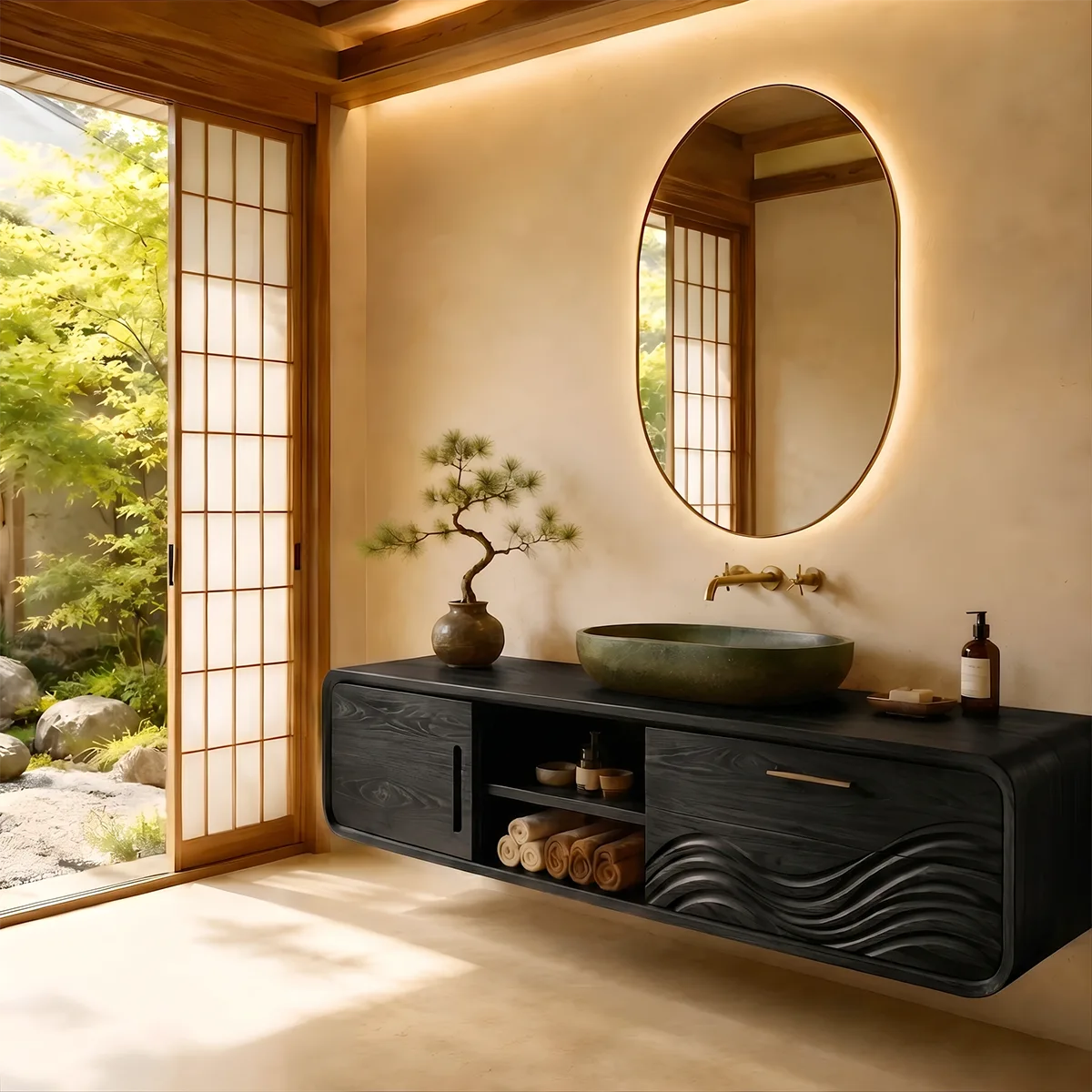 Modern Floating Bathroom Vanity with Sculptural Wave Door Design HG021-2980