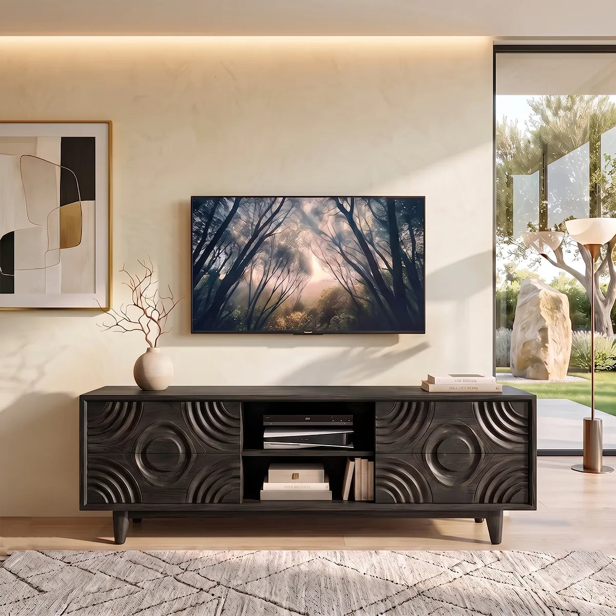 Geometric Carved Wood TV Stand with Drawers & Open Shelves | Modern Media Console HG021-4AVP4BD
