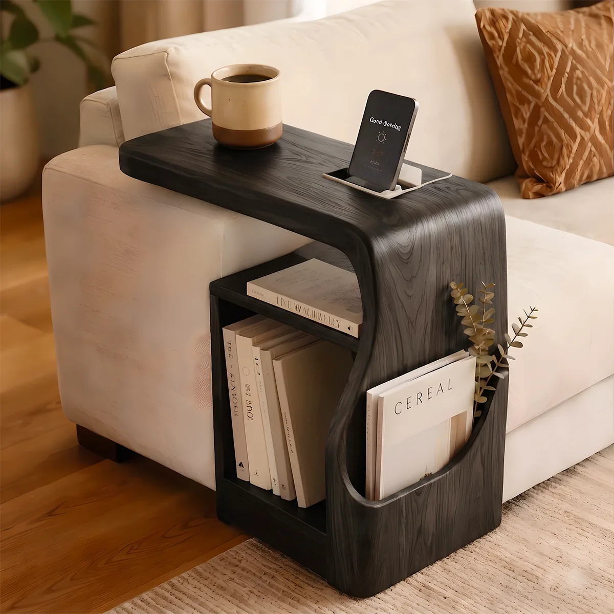 Modern Sofa End Table with Magazine Holder | C-Shaped Accent Table for Living Room HG021-3XHS8CE