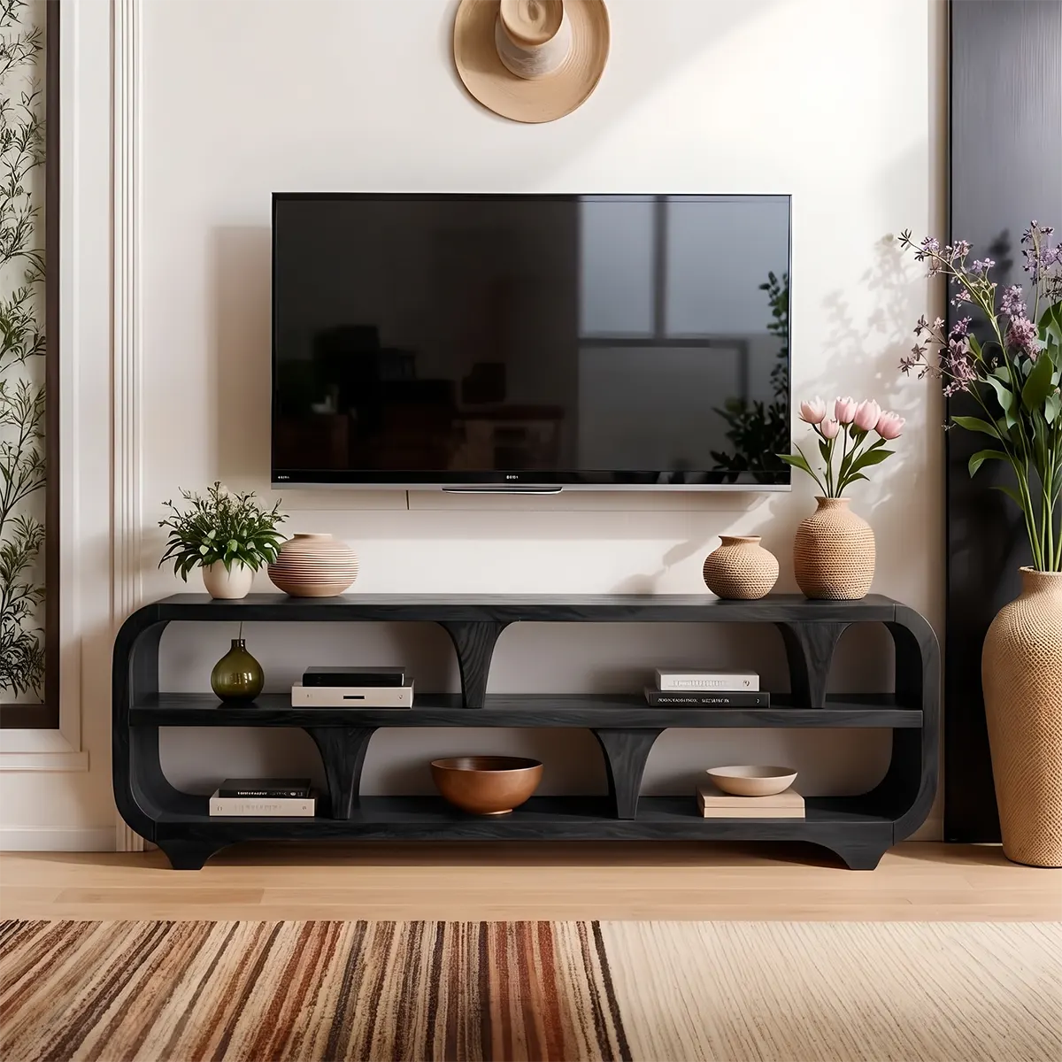 Modern Open Shelf TV Stand with Sculptural Curved Design | Organic Media Console TT006-6RPU8SU