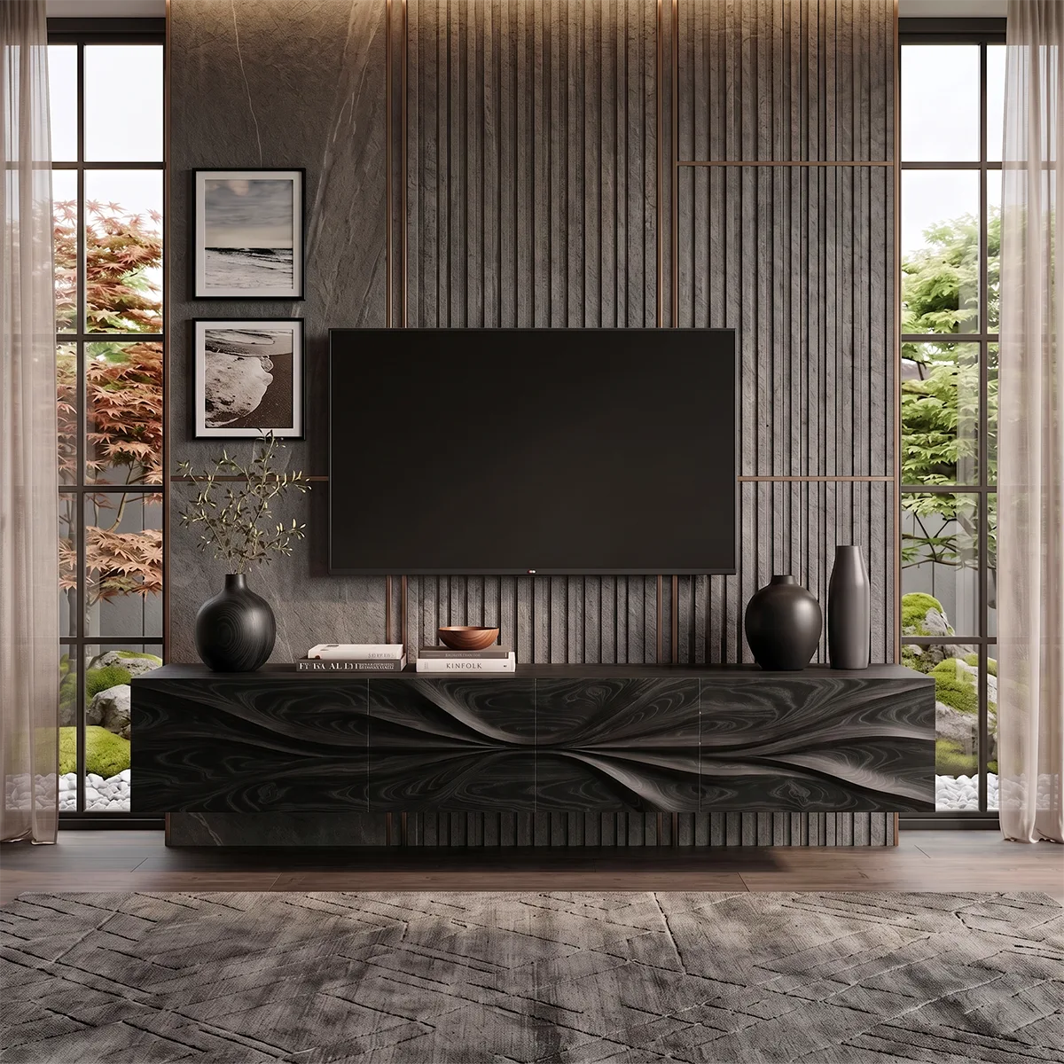 Floating Wood TV Stand with Sculpted Wave Front | Carved Media Console HG021-6VHU4ZT