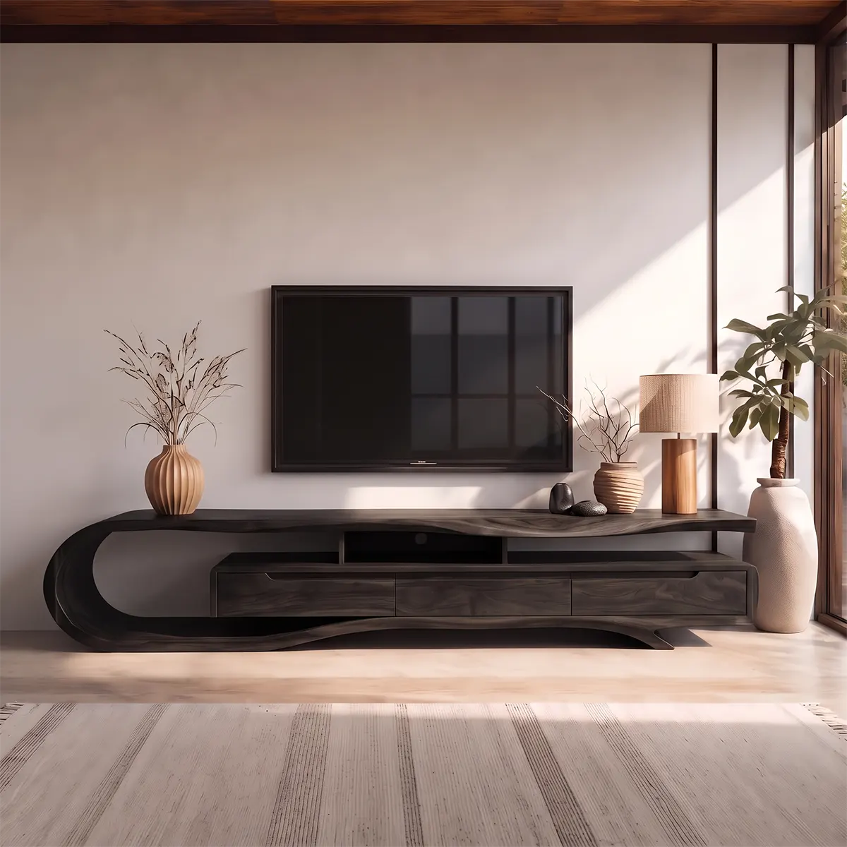 Sculptural Curved TV Stand with 3 Drawers & Open Storage | Modern Low Profile Media Console TT006-4OMT8HH