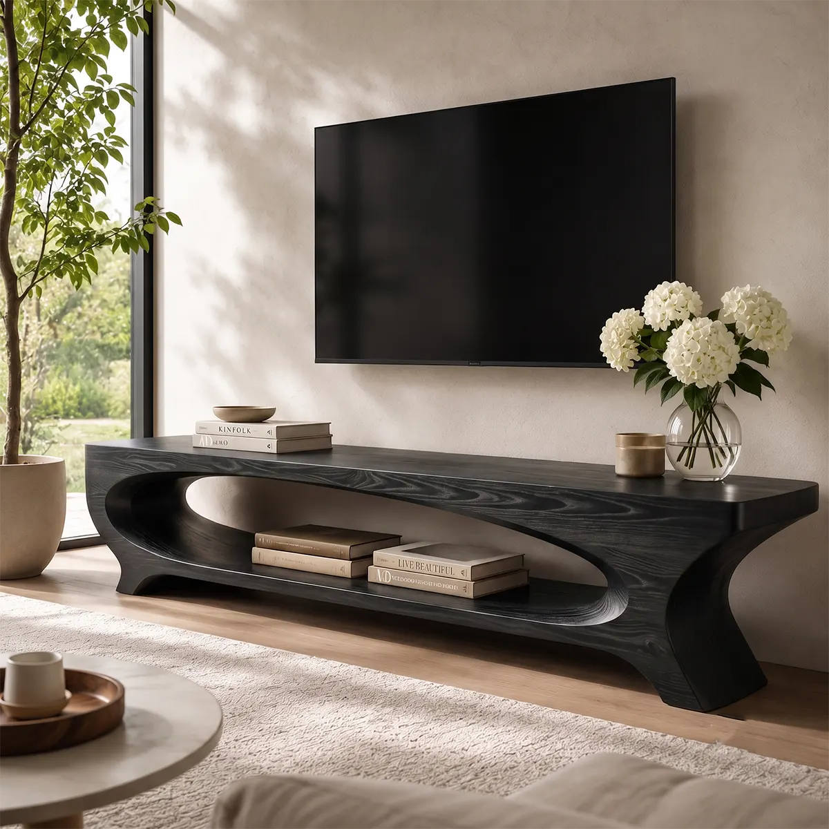 Sculptural Curved TV Stand with Large Open Shelf | Modern Low Profile Media Console TT006-7JCI6KI