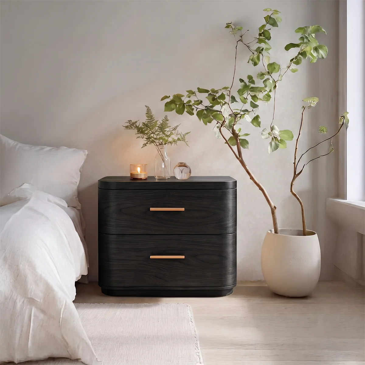 Modern Rounded 2-Drawer Nightstand | Curved Bedside Table with Metal Bar Handles HG021-1SFU3IV
