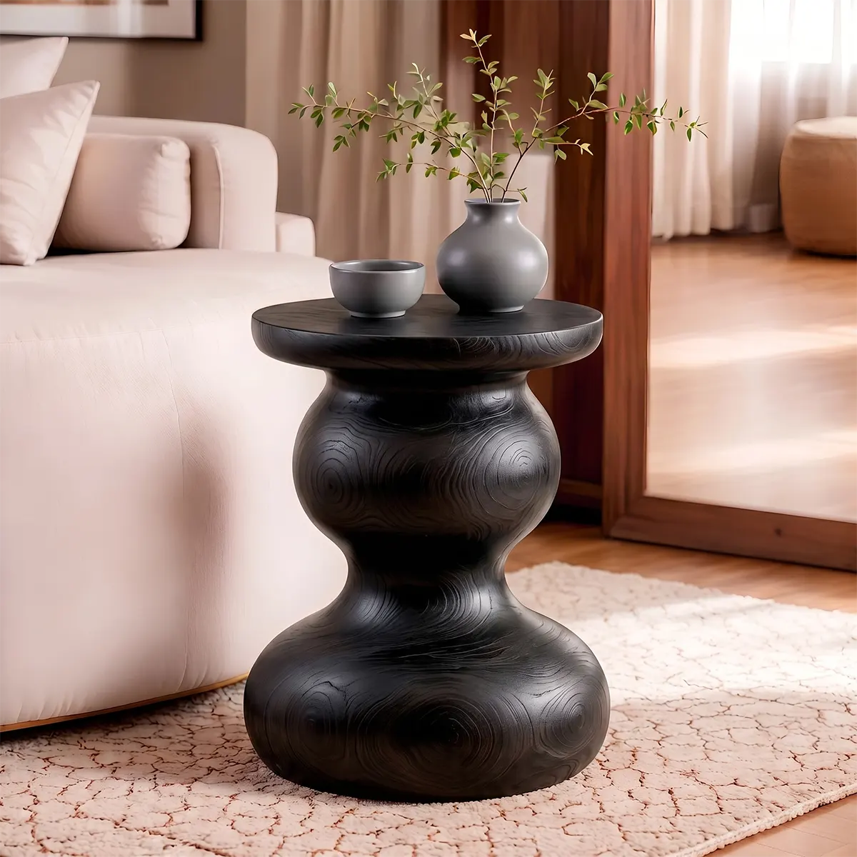 Sculptural Double Gourd Wood End Table | Round Pedestal Side Table TT006-3BUA5AI