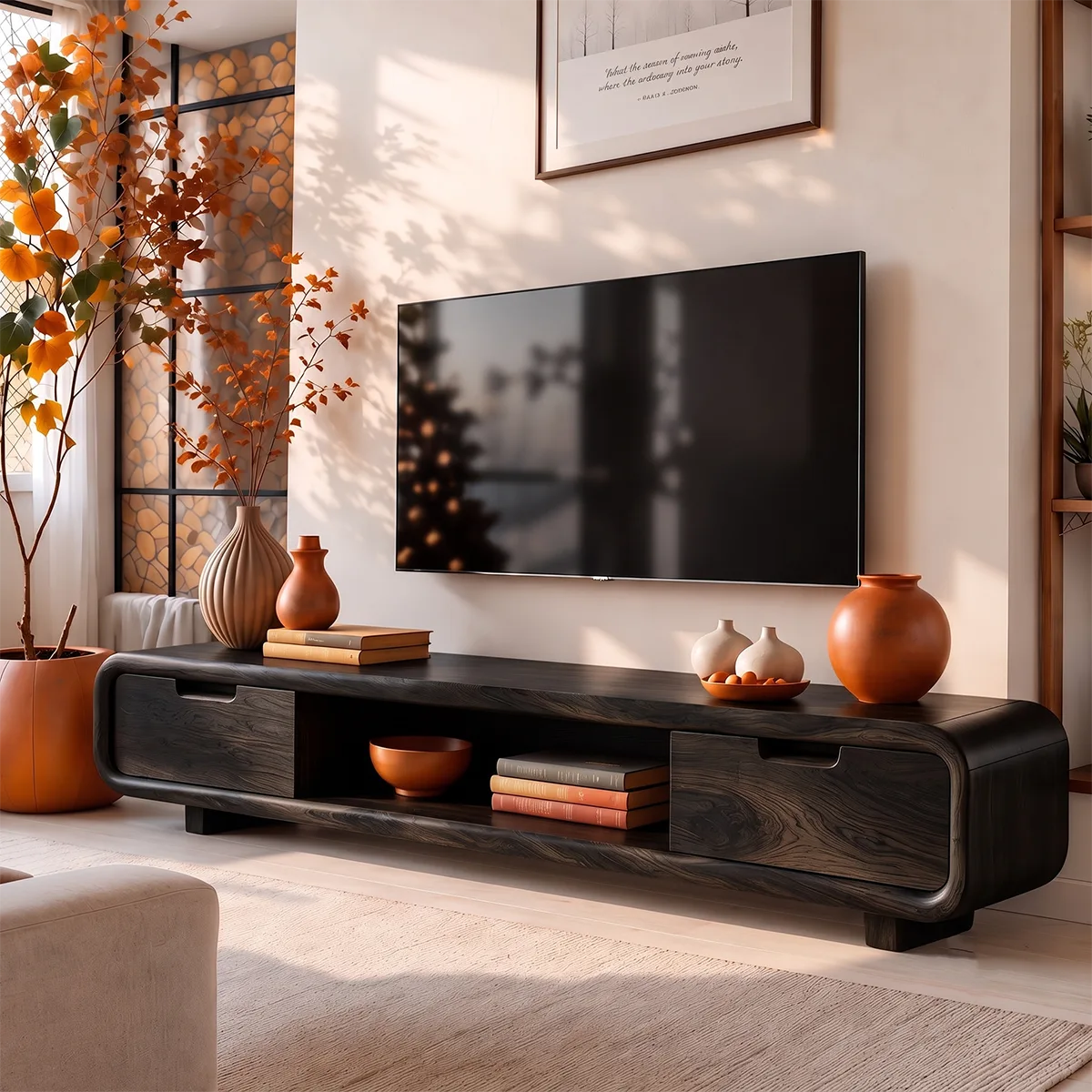 Modern Curved TV Stand with Enclosed Storage & Open Media Shelves TT006-2ORA2EF