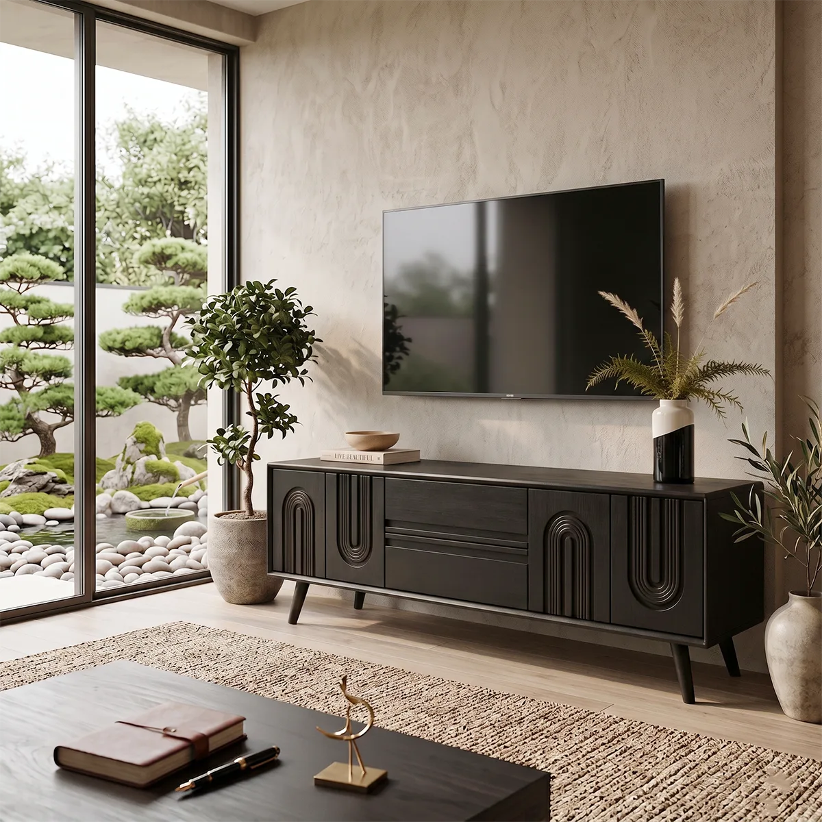 Fluted Arch Wood TV Stand with Drawers & Cabinets | Mid-Century Media Console HG021-6ZXL7DZ
