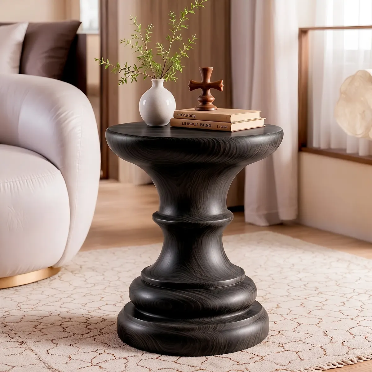 Sculptural Turned Wood Pedestal End Table | Round Statement Side Table TT006-1IPZ4IE