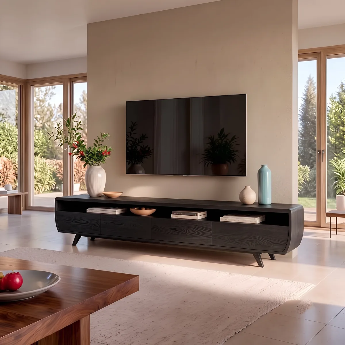 Modern Curved TV Stand with 4 Enclosed Storage Compartments & Open Media Shelf TT006-3ZIP1NK