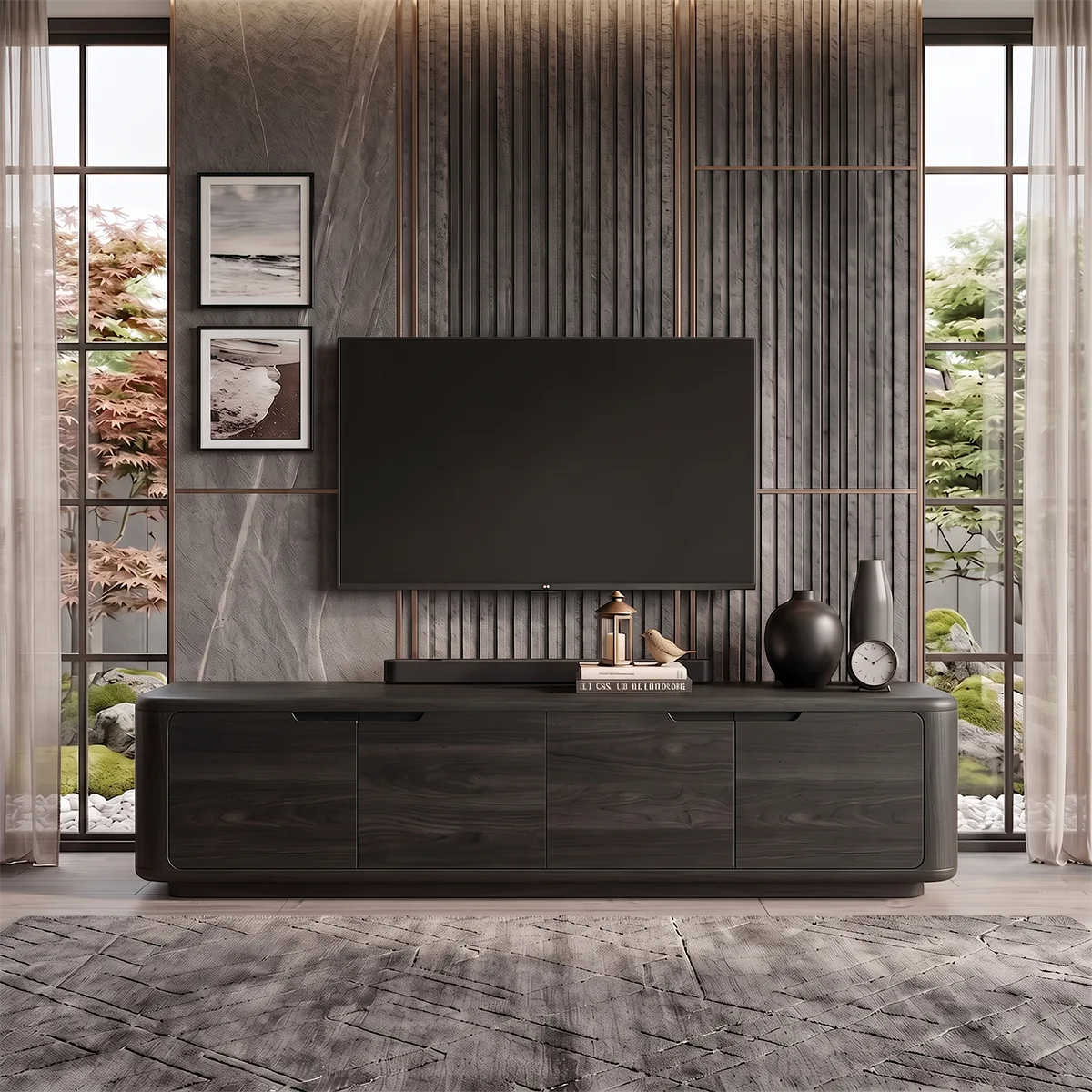 Rounded Wood TV Stand with 4 Doors | Modern Media Console HG021-4STO9LS