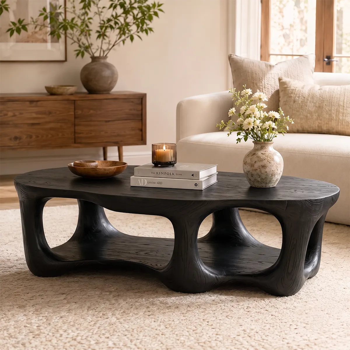 Sculptural Organic Coffee Table with Open Lower Shelf | Modern Living Room Center Table TT006-3VXG8WB