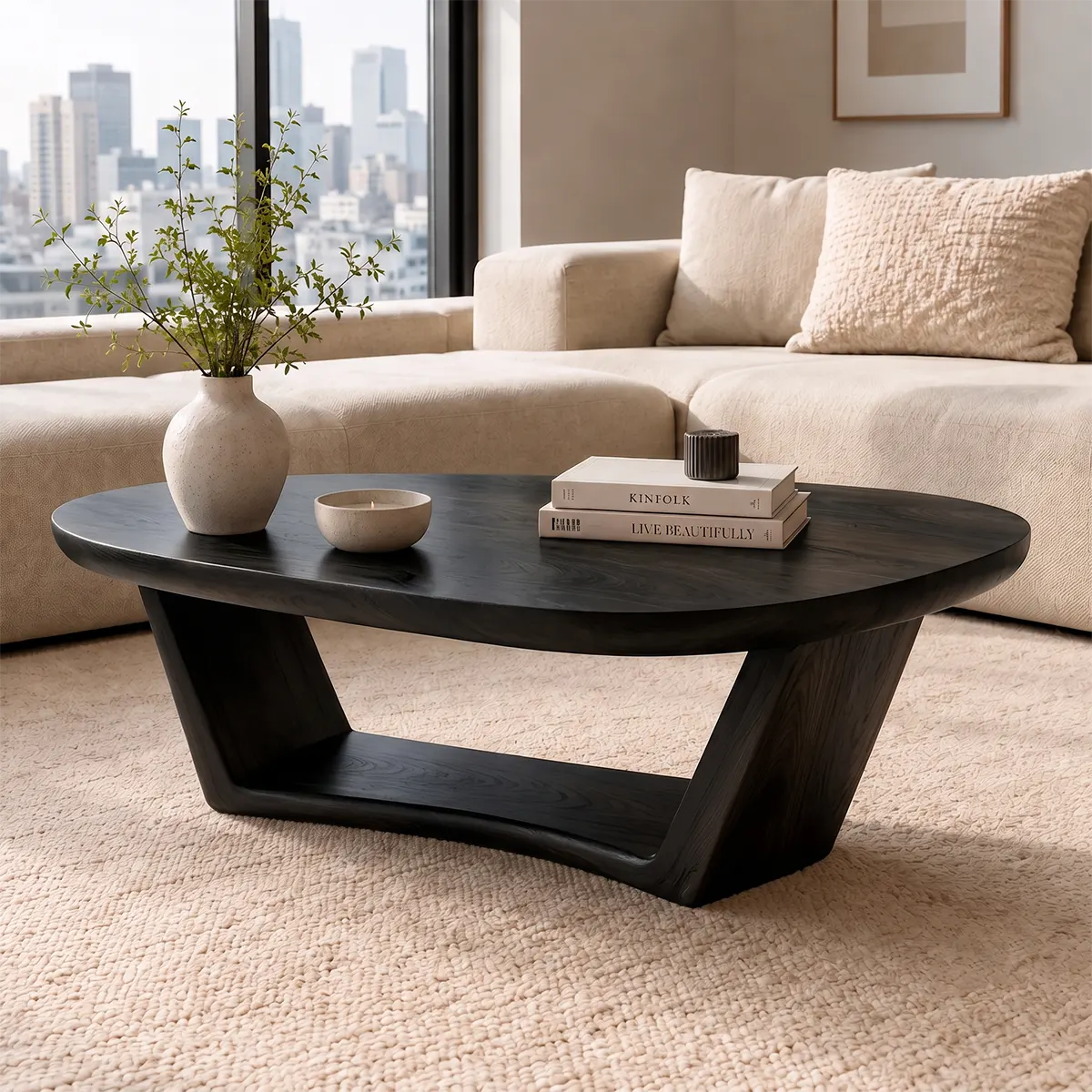 Organic Rounded Coffee Table with Open Lower Shelf | Modern Living Room Center Table TT006-8OJQ3US
