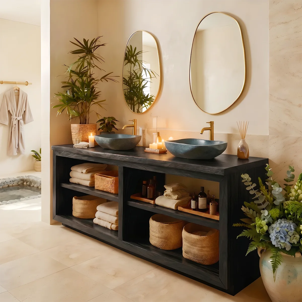 Modern Double Bathroom Vanity with Open Shelving and Spa-Inspired Storage HG021-2663