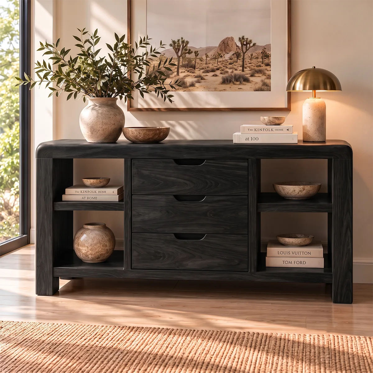 Modern Sideboard with 3 Drawers and 4 Open Shelves | Rounded Storage Console HG021-9VPB8MA
