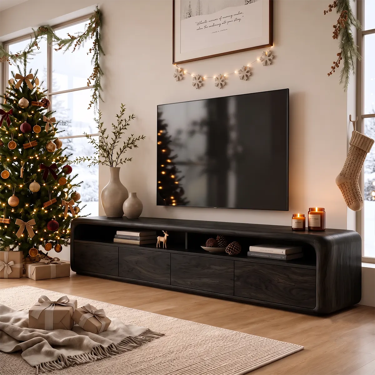 Modern Curved TV Stand with 4 Enclosed Storage Compartments & Open Shelves TT006-5AFF2JH