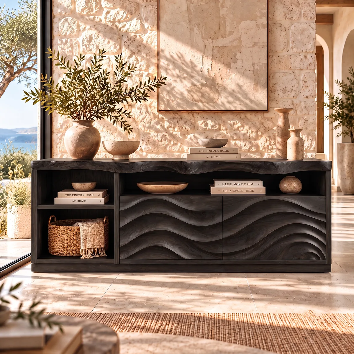 Sculptural Wave Sideboard with 2 Cabinet Doors and Open Shelves | Modern Storage Cabinet HG021-4LWU7BC