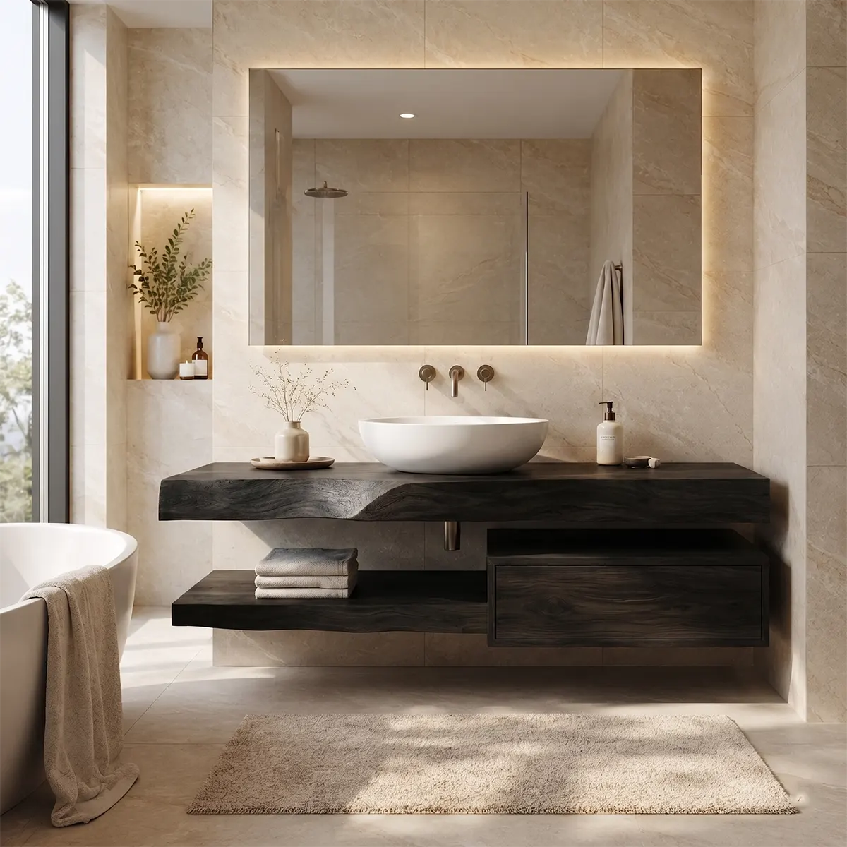 Floating Bathroom Vanity with Drawer & Open Shelf | Modern Wall-Mounted Design TT006-4TAK9LT