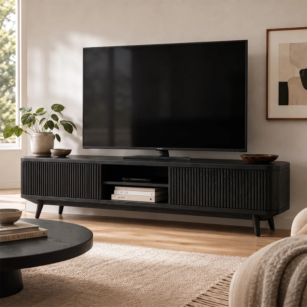 Fluted Wood TV Stand with Open Shelves | Modern Media Console HG021-8DUV7FV