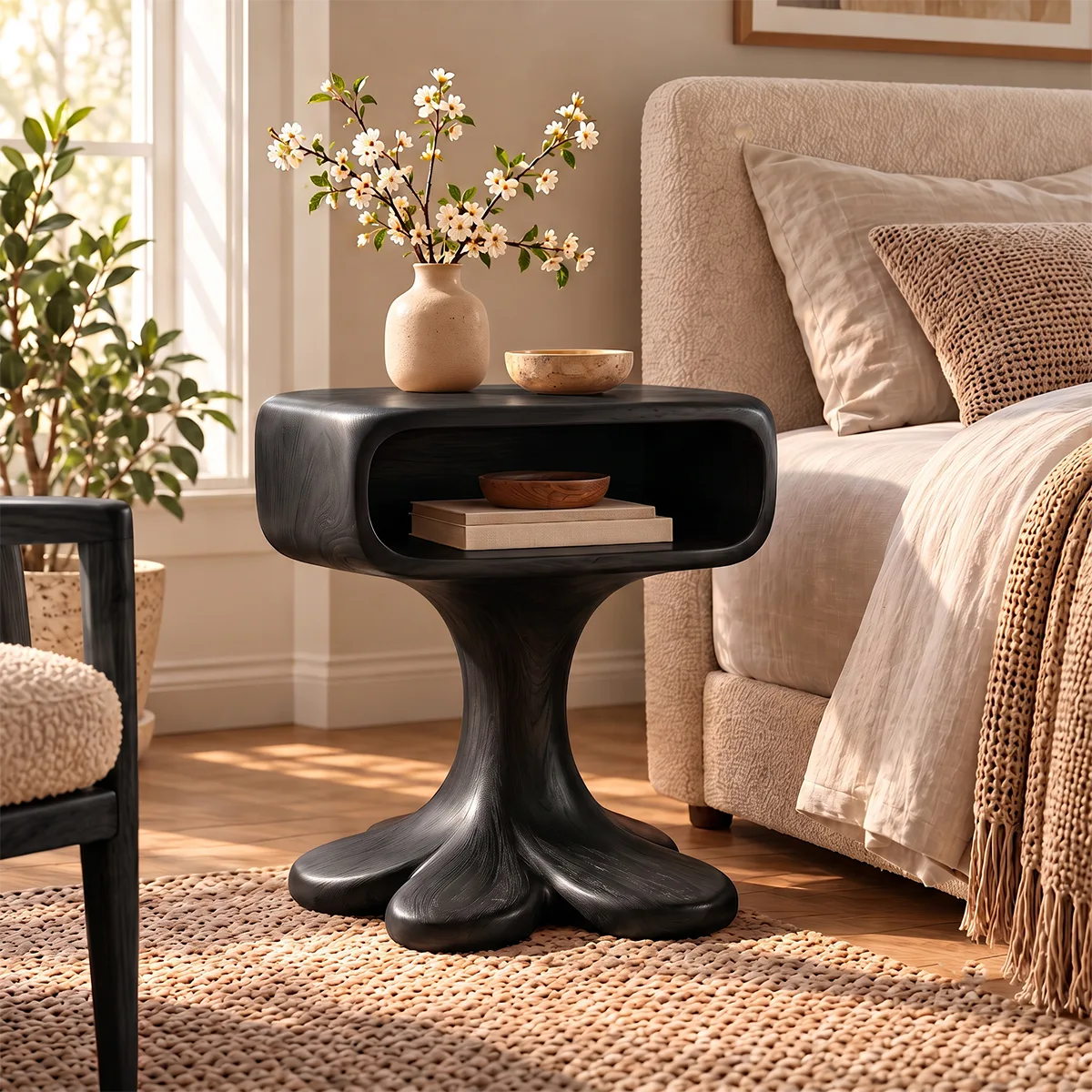 Sculptural Pedestal Nightstand with Open Shelf | Organic Modern Bedside Table HG021-9PAX4MM