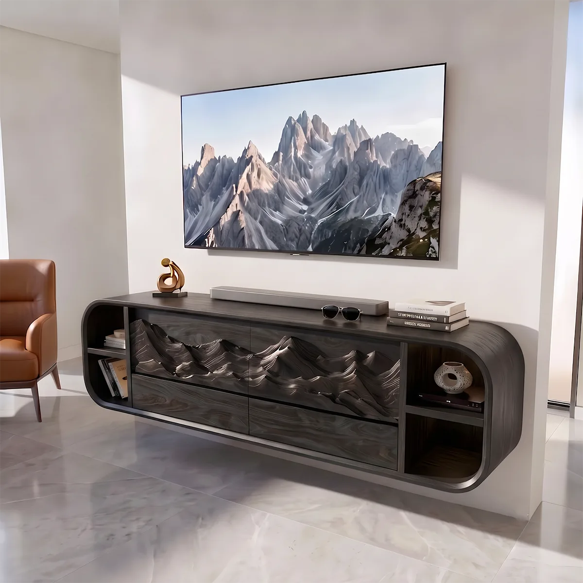 Mountain Relief TV Stand with Rounded Frame and Floating Storage HG021-1LGE7WE