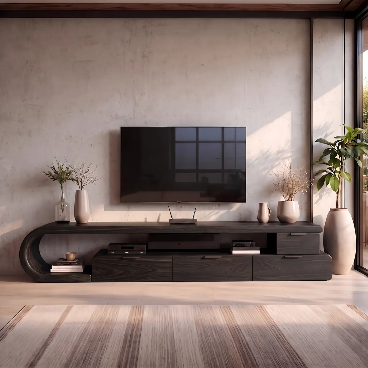 Sculptural Curved TV Stand with 4 Drawers & Open Media Storage | Modern Low Profile Entertainment Console TT006-1HJE1KP