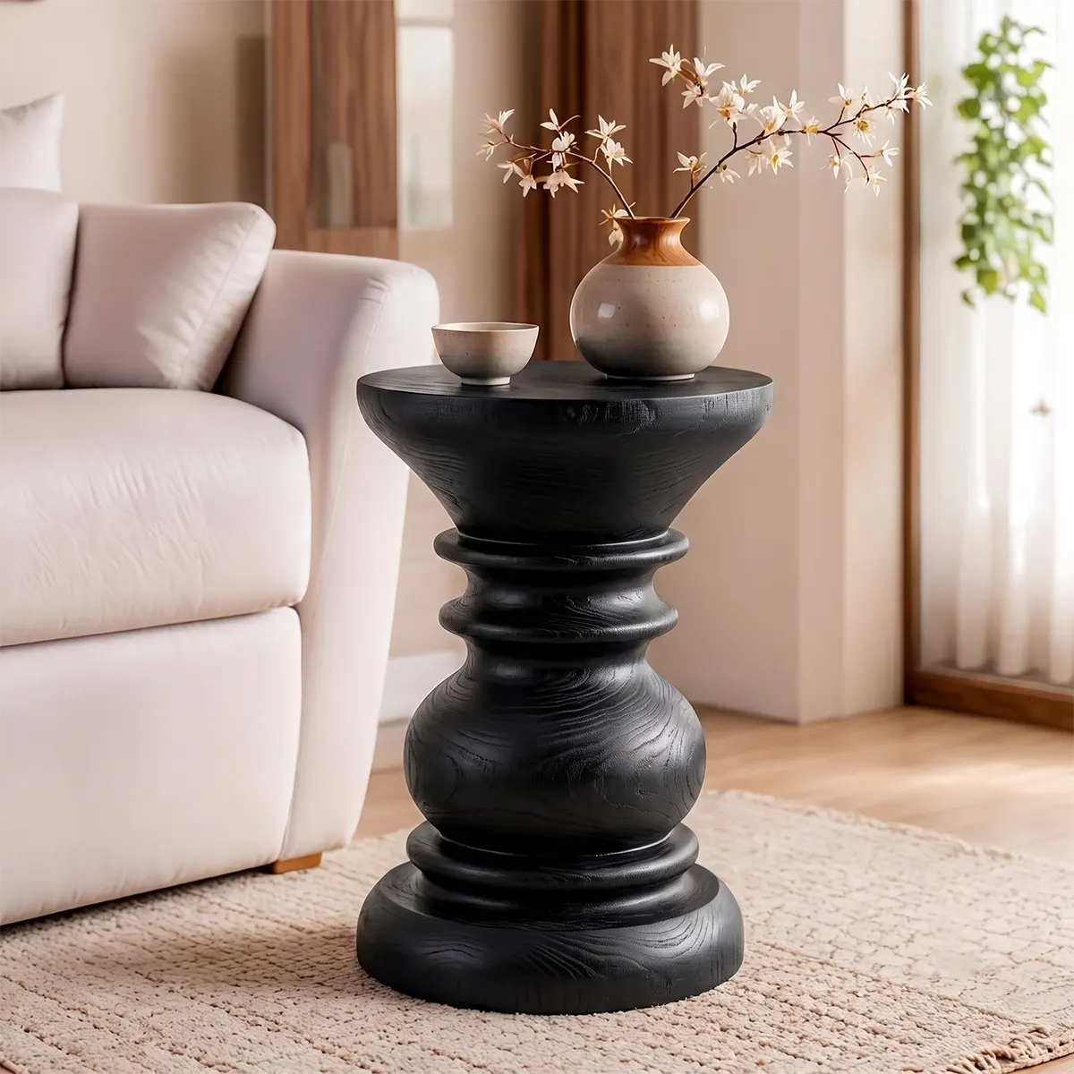 Sculptural Turned Wood Pedestal End Table | Round Accent Side Table TT006-1BIY6KO