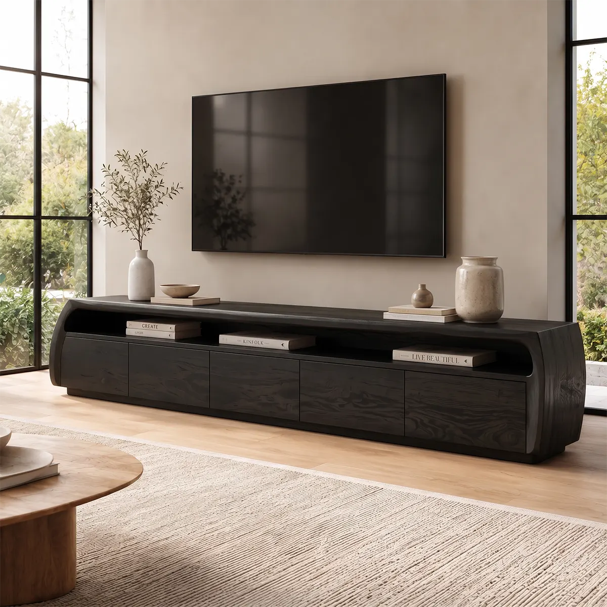Modern TV Stand with 5 Enclosed Storage Compartments & Open Shelf | Curved Media Console TT006-2HKN9KV