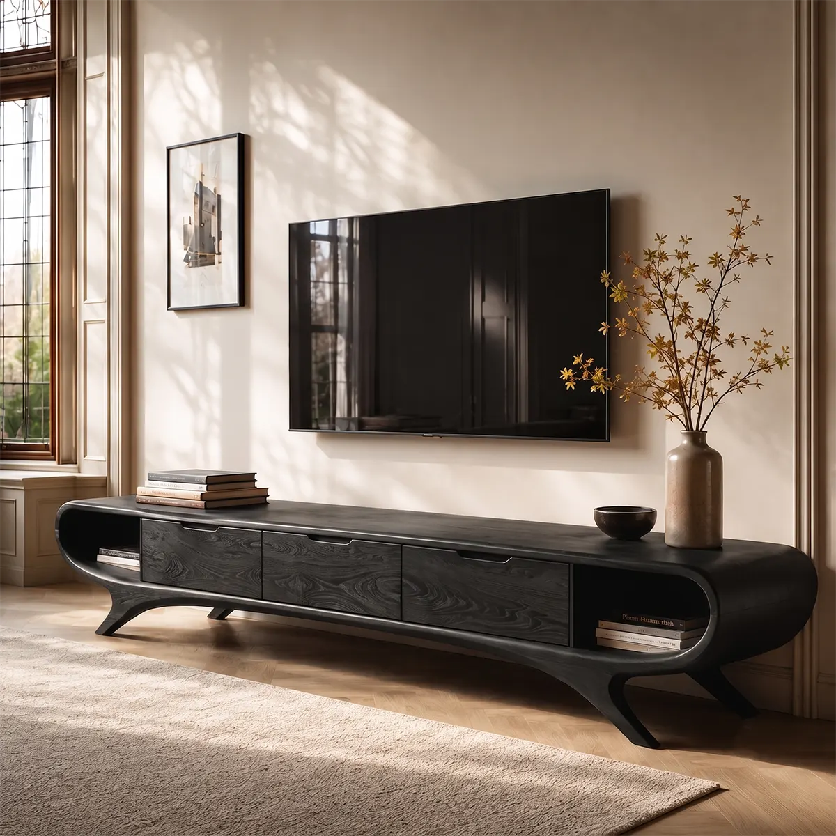 Modern Curved TV Stand with 3 Drawers & 2 Open Side Compartments TT006-3IYZ7XH