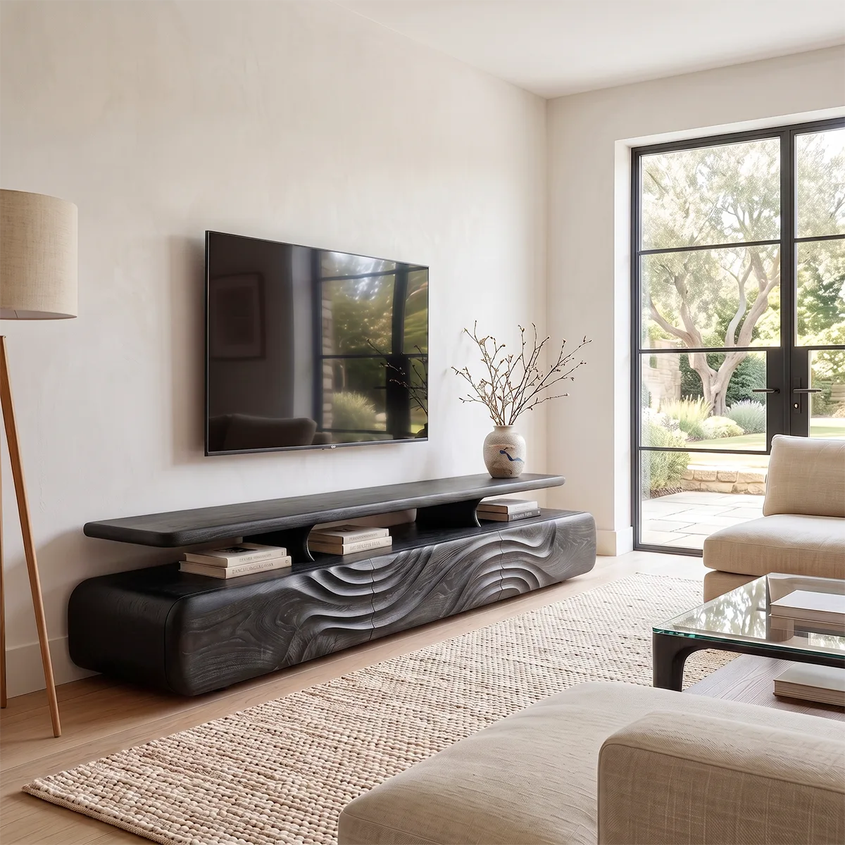 Modern TV Stand with Wave Front Doors | Contemporary Media Console with Open Display Shelf HG021-2DTK5LB