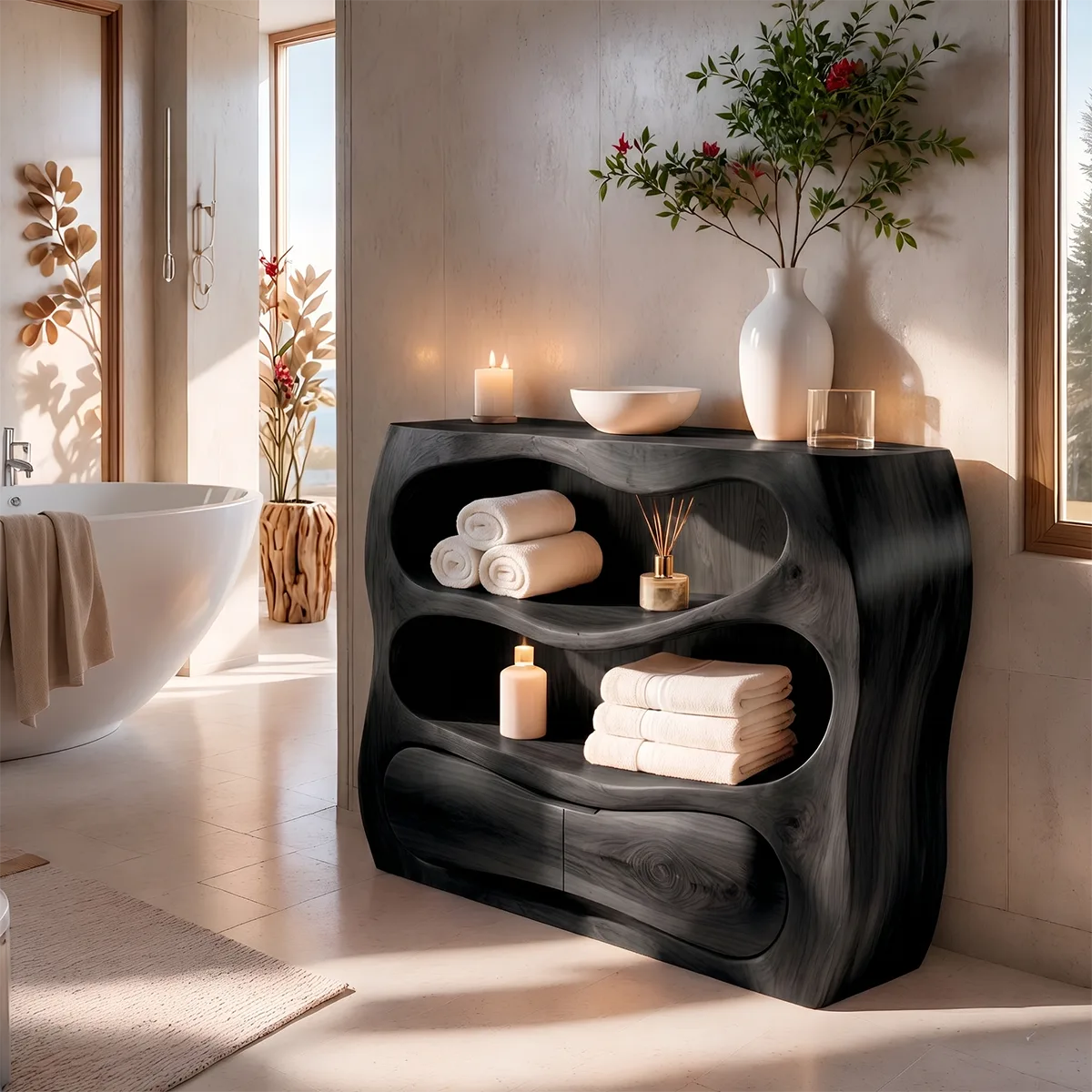 Sculptural Wood Bathroom Vanity | Organic Freestanding Vanity with Open Shelves & Storage Cabinet TT006-6NGL3LR