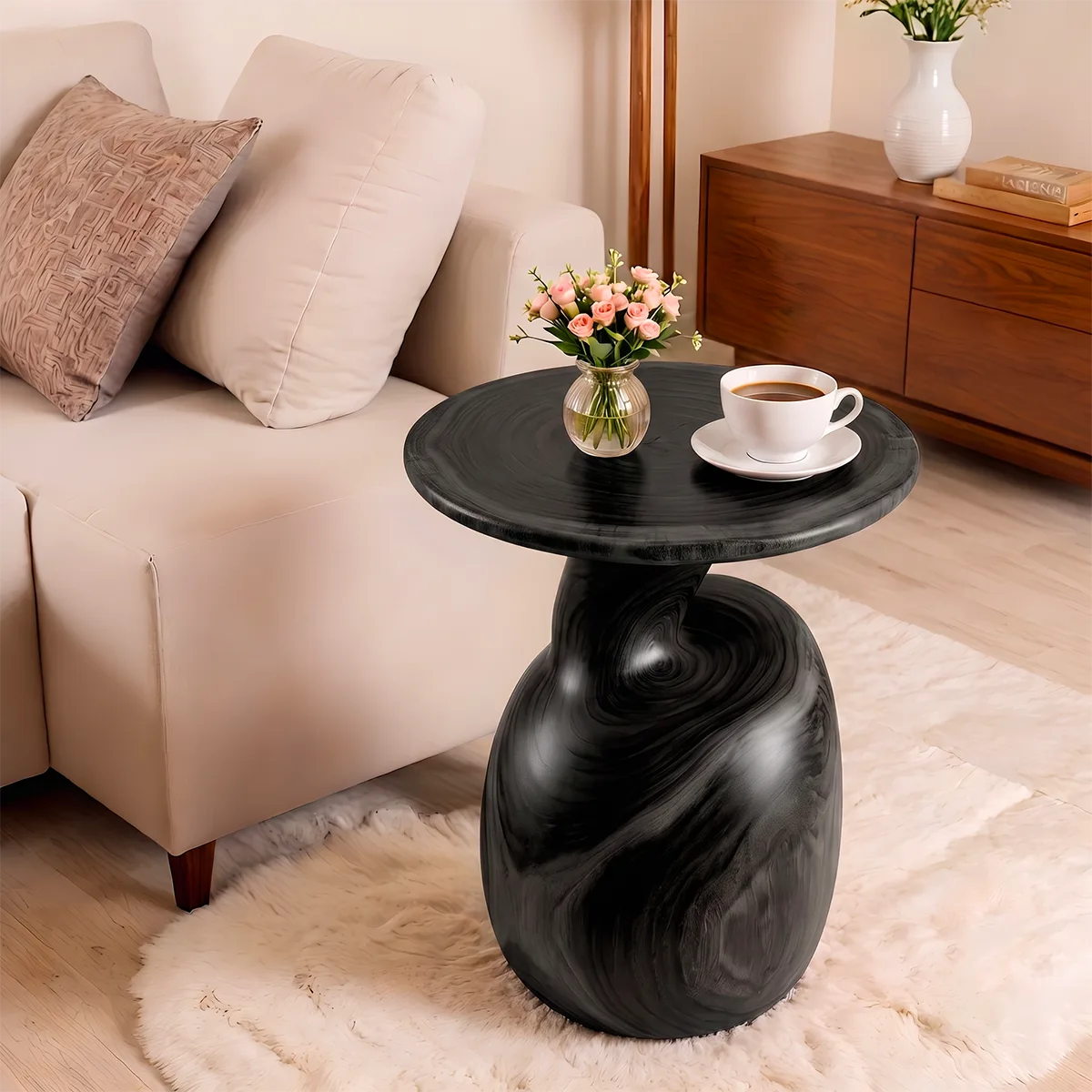 Modern Round End Table | Sculptural Swirl Pedestal Accent Table HG021-3645