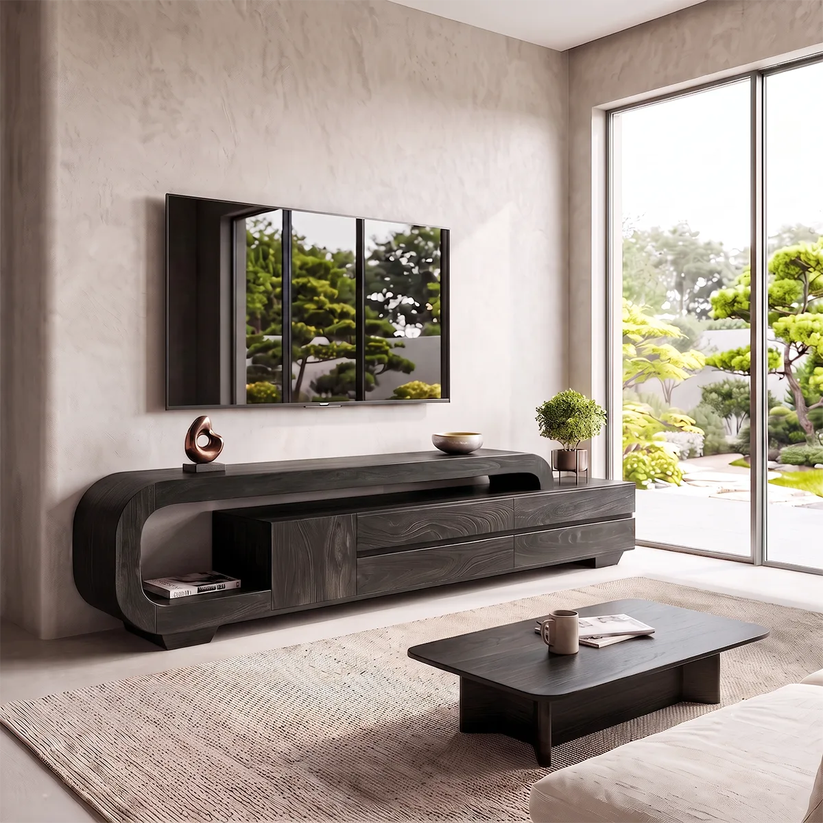 Curved Wood TV Stand with Drawers & Storage | Modern Media Cabinet HG021-1SBA3RR