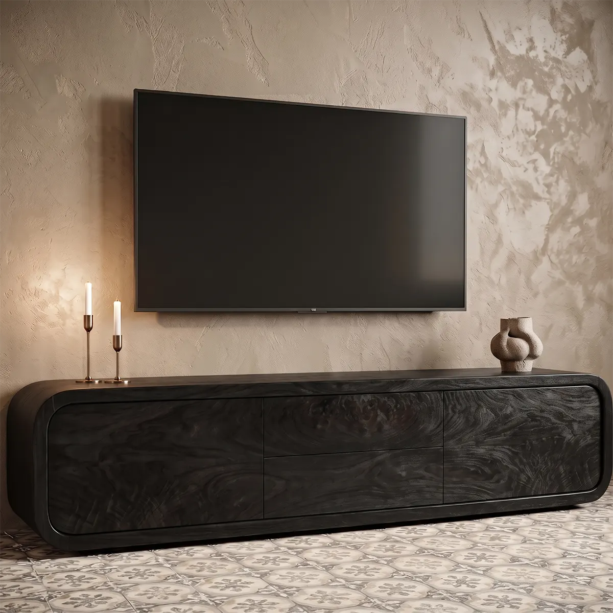 Modern TV Stand with 2 Drawers & 2 Cabinets | Rounded Organic Media Console TT006-6FSA9CR