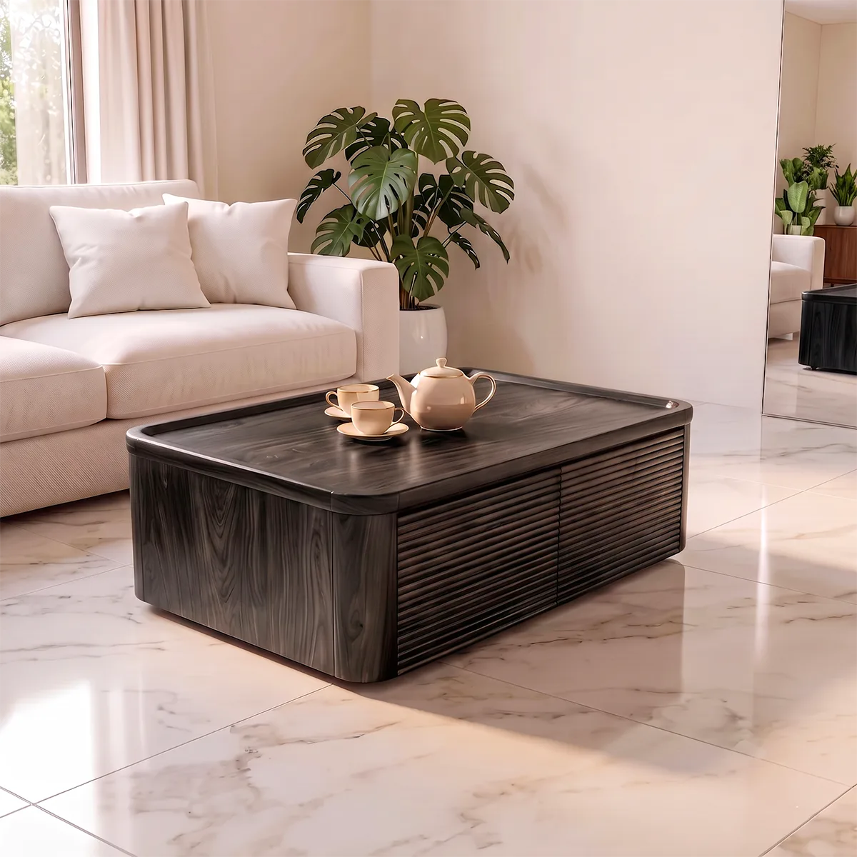 Fluted Coffee Table with 2 Storage Drawers | Modern Rectangular Center Table HG021-5QVK8NI