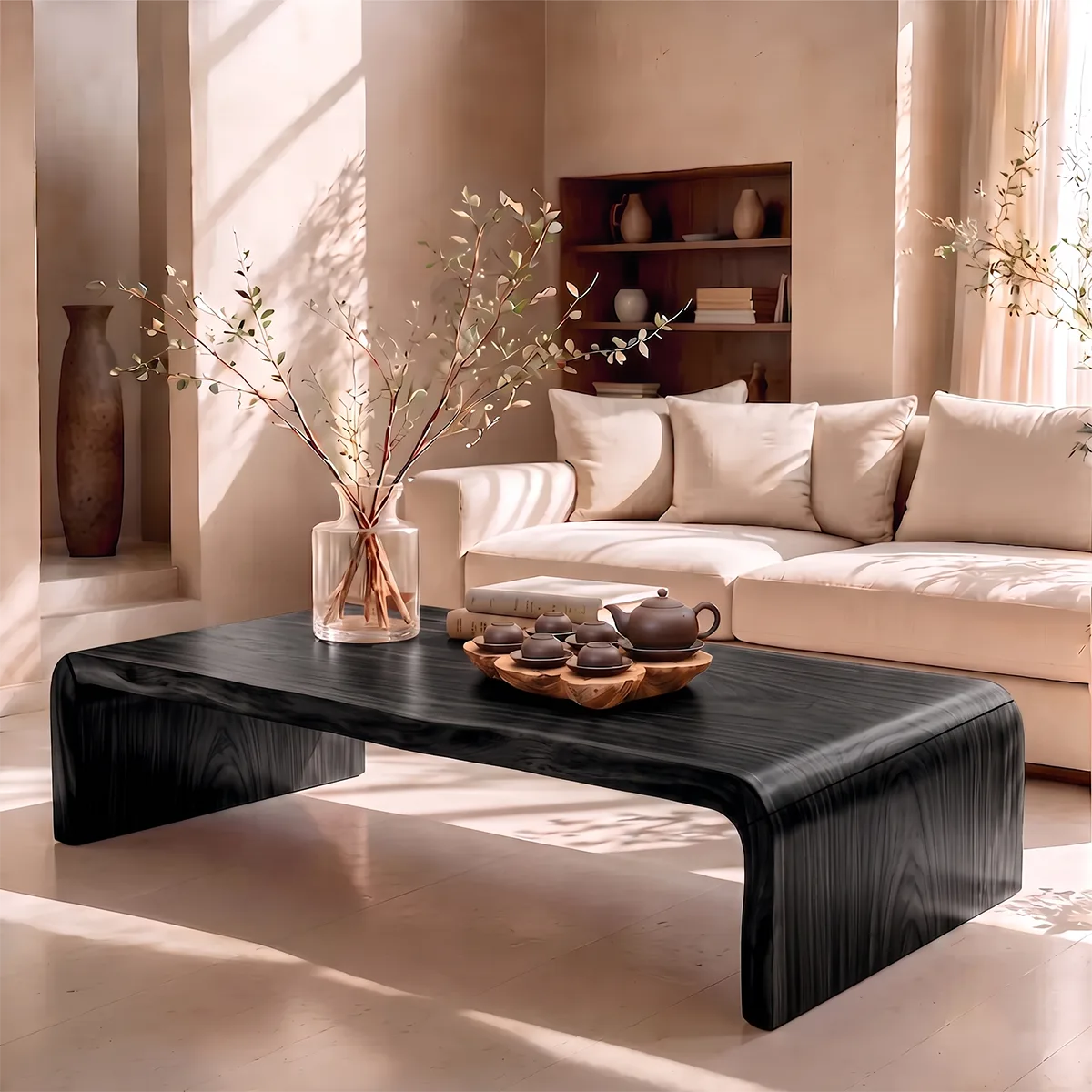 Modern Waterfall Coffee Table with Rounded Corners | Low Profile Center Table HG021-3PQS7ZO