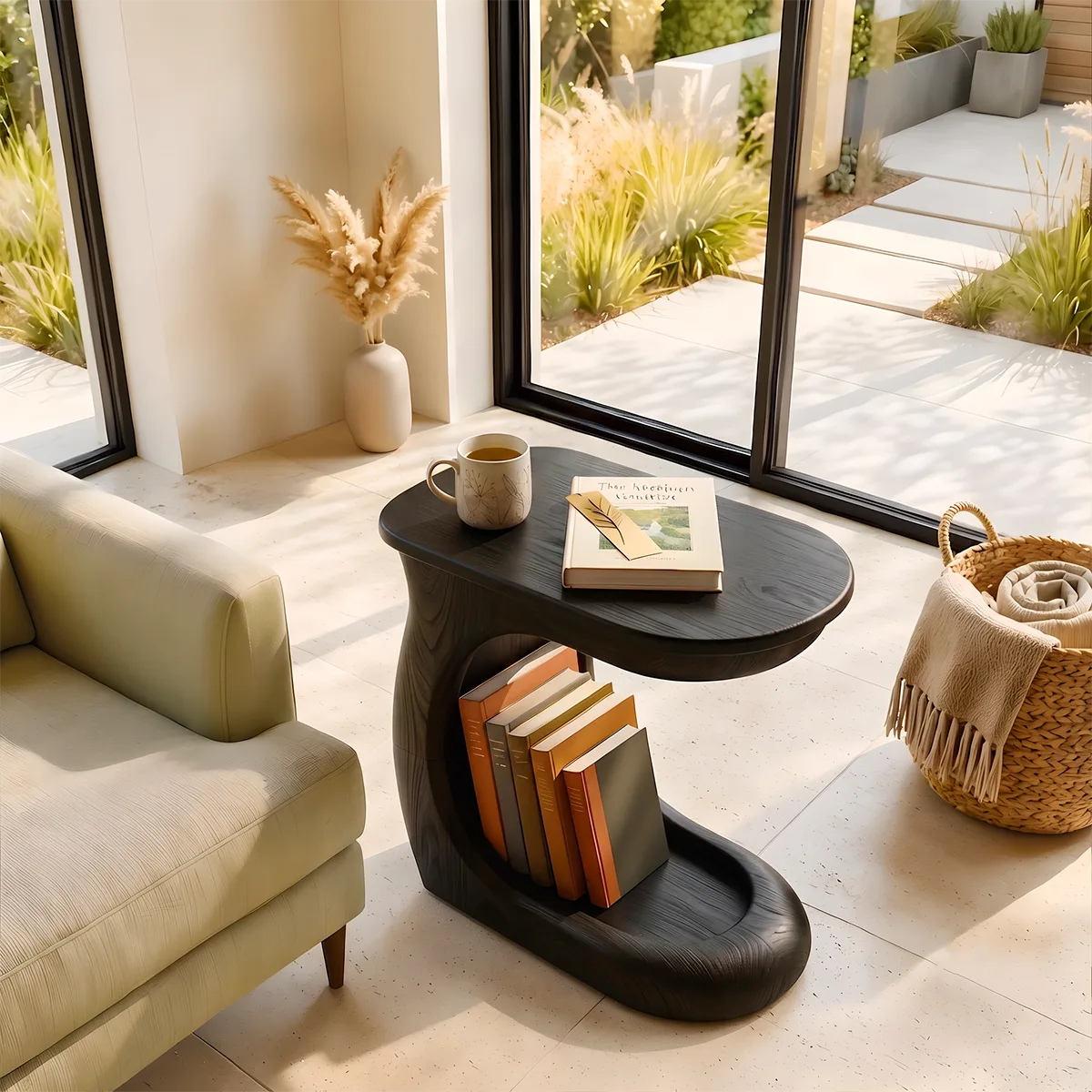Modern C-Shaped End Table with Book Storage | Sculptural Sofa Side Table for Living Room HG021-7EFE3WW
