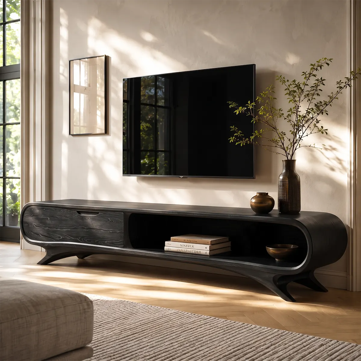 Modern Curved TV Stand with Large Drawer & Open Storage | Sculptural Media Console TT006-3JHB2OI