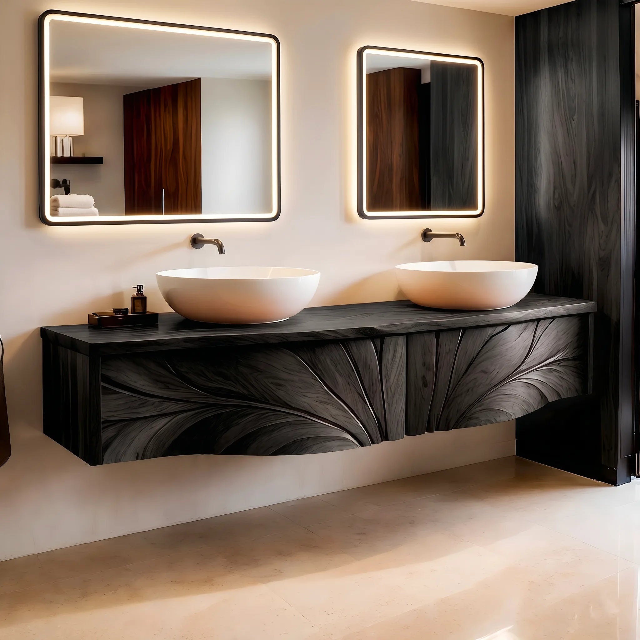 Luxury Double Sink Floating Bathroom Vanity with Sculptural Carved Design HG021-2639