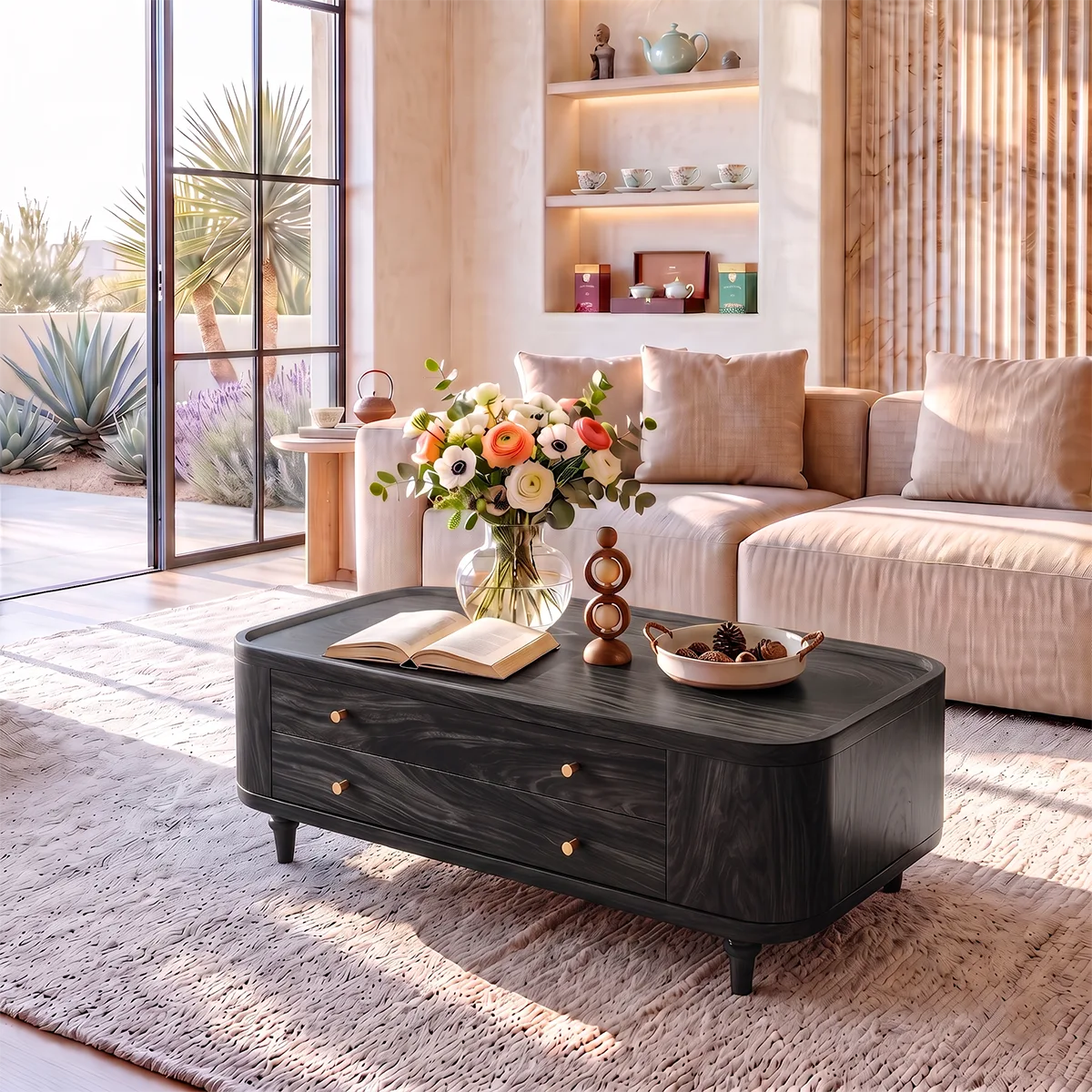 Rectangular Coffee Table with 2 Storage Drawers & Rounded Corners | Modern Living Room Table HG021-5JOP8KT