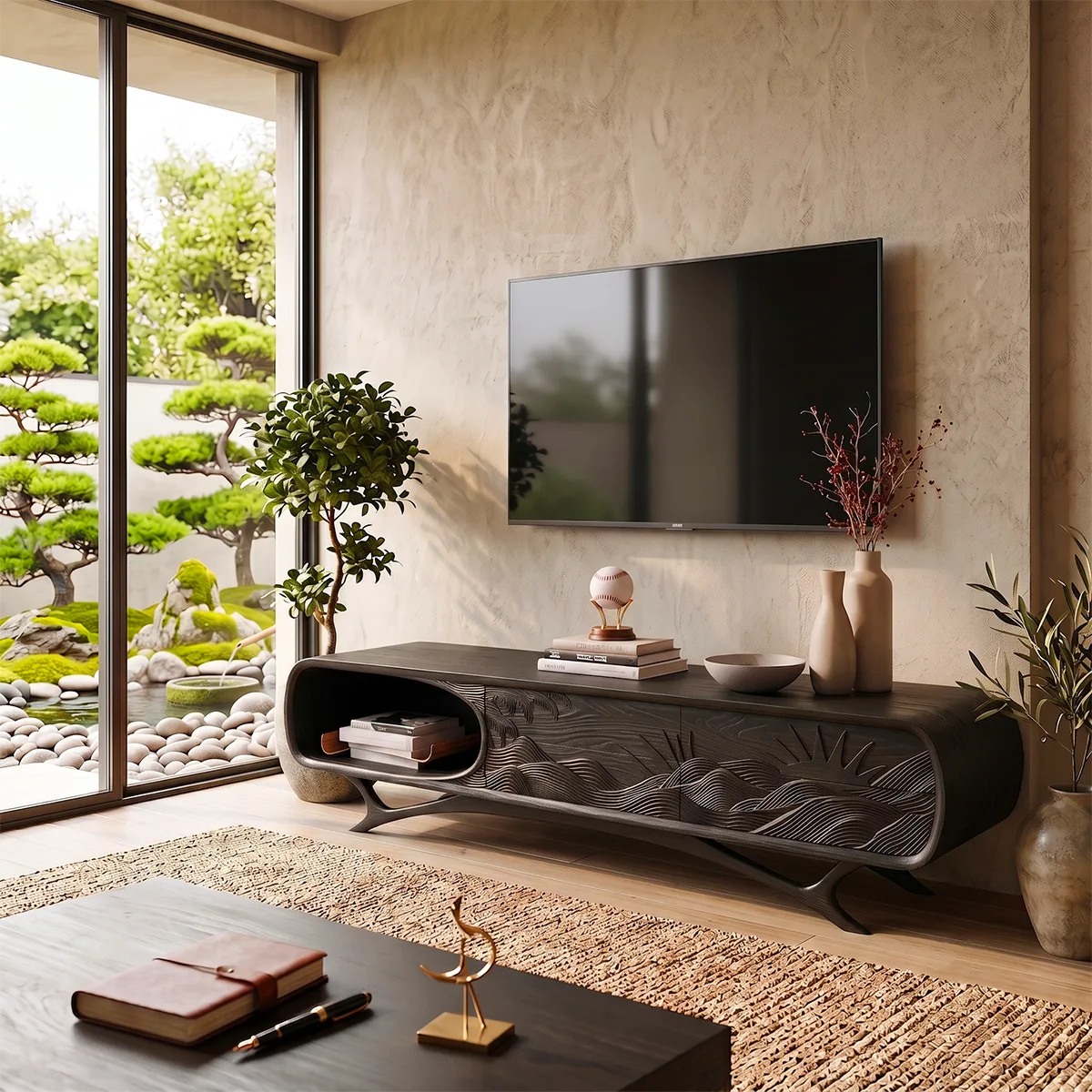 Sunrise Landscape Carved Wood TV Stand with Curved Frame | Sculptural Media Console HG021-2WSZ4IX