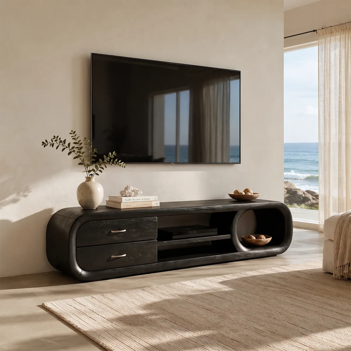 Modern Curved TV Stand with 2 Drawers & 3 Open Storage Areas TT006-8EDM7QK