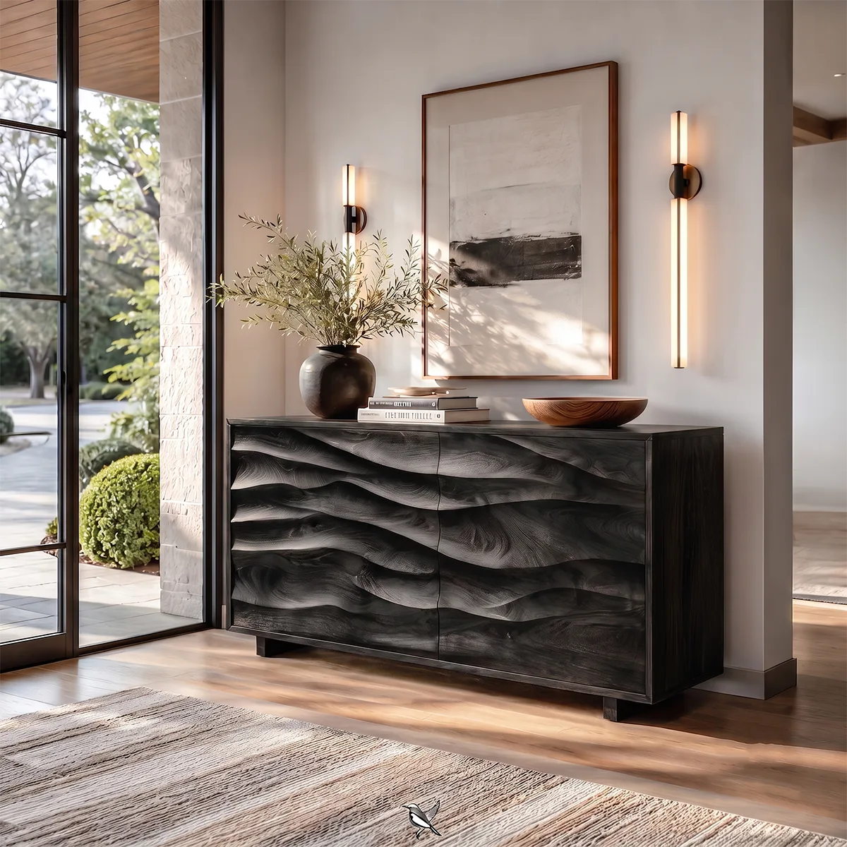 Sculptural Wave Sideboard with Concealed Storage | Modern Carved Front Storage Cabinet HG021-9GTL1HD