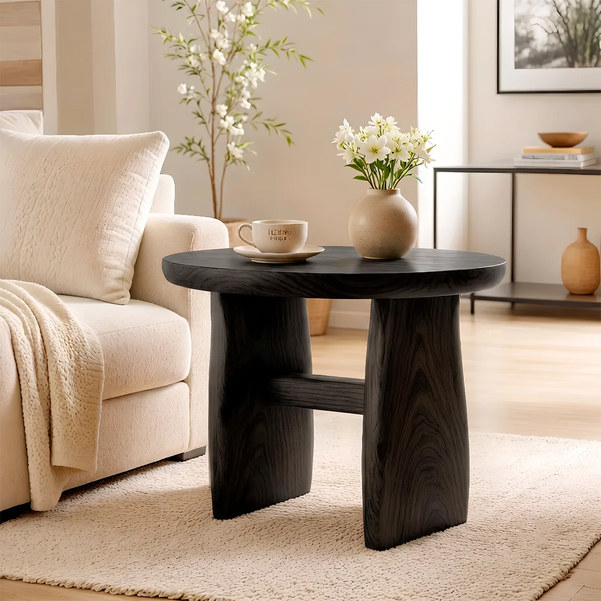 Modern Round End Table | Sculptural Dual-Pedestal Side Table HG021-7122