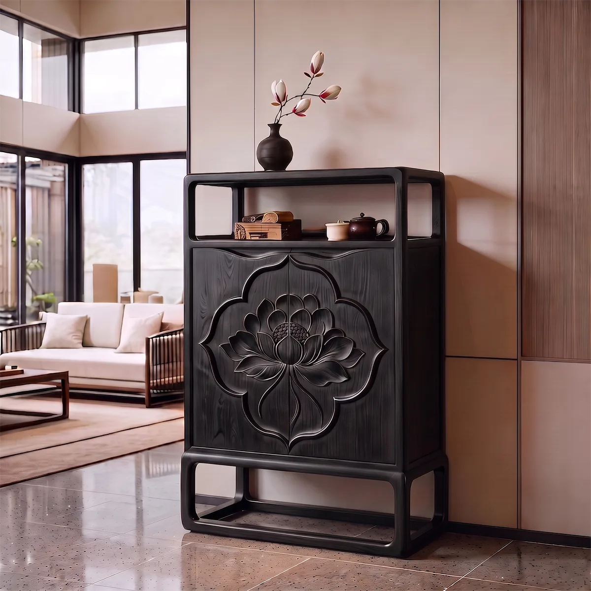 Lotus Carved Sideboard with Open Display Shelf | Sculptural Storage Cabinet HG021-1UIU6MD