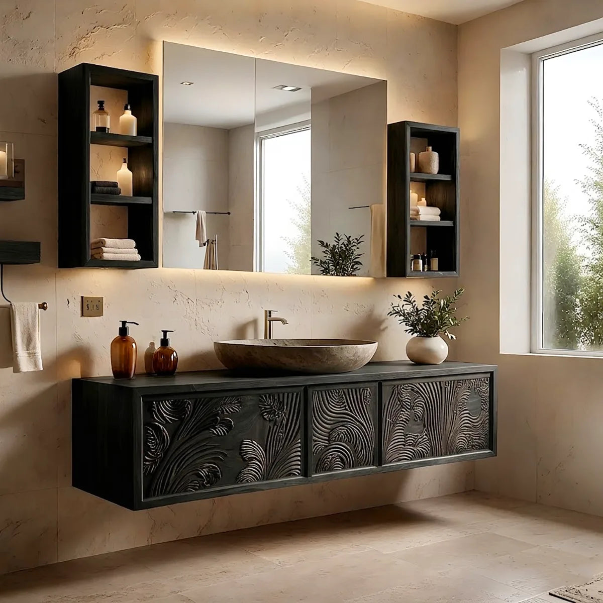 Carved Floating Bathroom Vanity | Modern Decorative Bathroom Cabinet HG021-7739