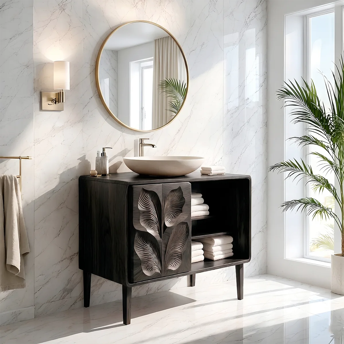 Leaf Carved Bathroom Vanity Cabinet with Open Shelving HG021-6447