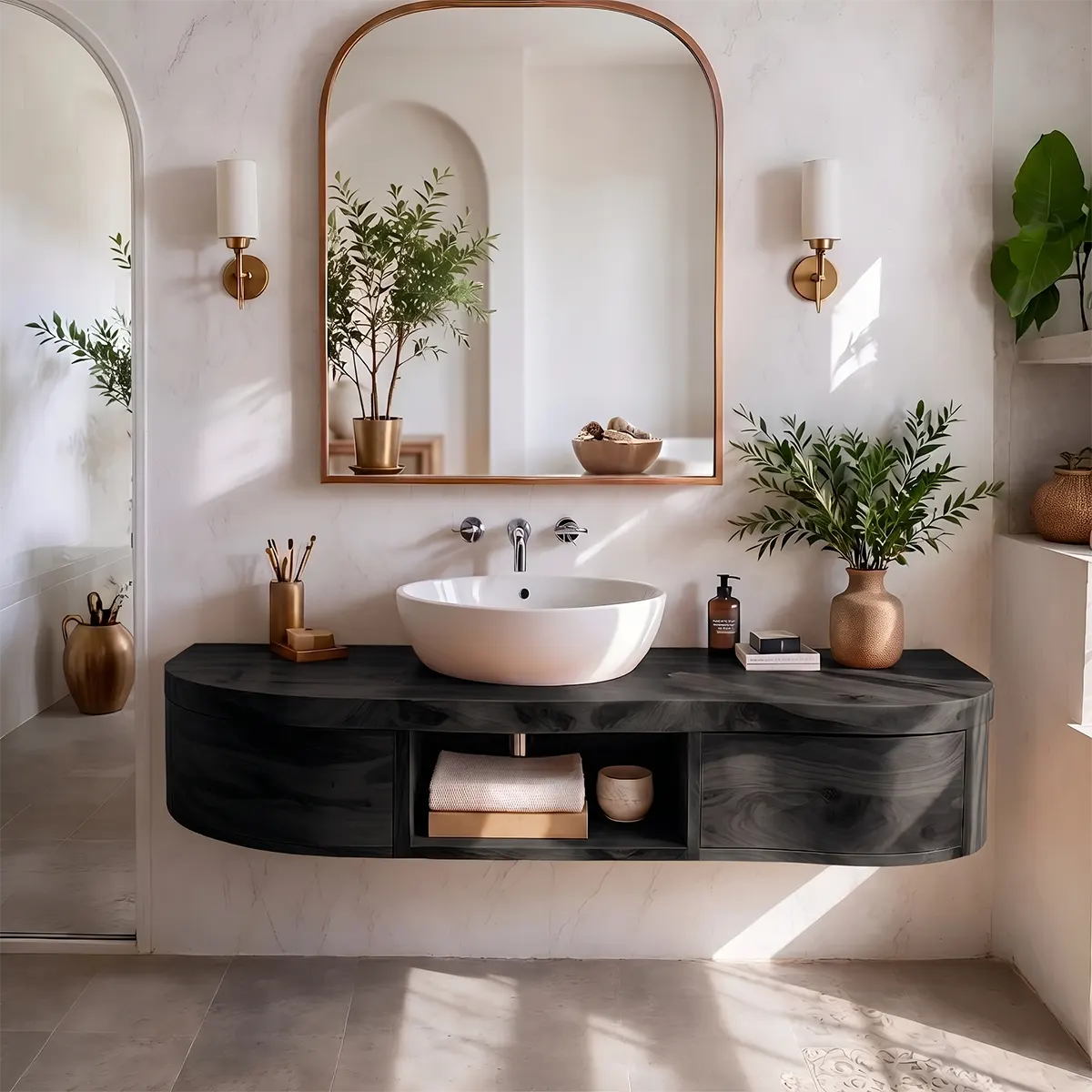 Curved Floating Bathroom Vanity | Wall Mounted Vanity with Storage TT006-4ZGF3NU
